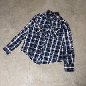 Y2K Pop Icon Clothing Buckle Button Down Shirt Mens L Blue‎ Plaid Embroidered